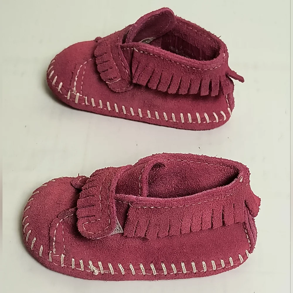 Minnetonka Pink Moccasins with Fringe and Contrast Stitching Baby Size 2